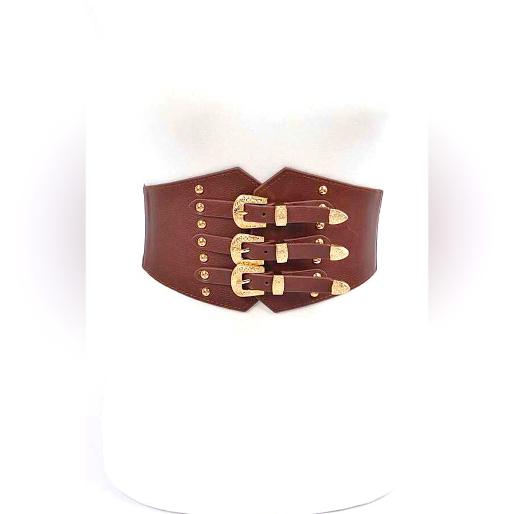 Red Wide Waist Leather Harness Corset Statement Belt - Picture 3 of 5